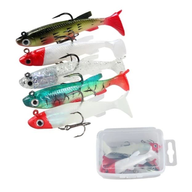 KIT COM 5 UNIDADES + CAIXA - ISCA ARTIFICIAL PEIXE COM ANZOL OFFSET 8CM E 13 GRAMAS PARA PESCA