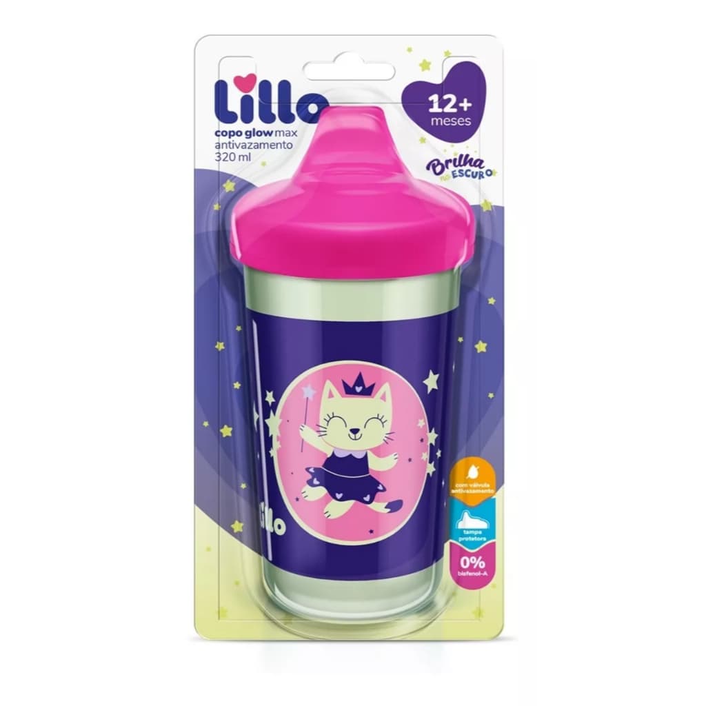 Copo Antivazamento Glow Max 320ml Brilha No Escuro +12 Meses Rosa- Lillo