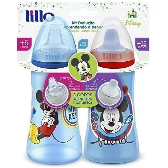 Kit 2 Copos Colors Bico De Silicone Disney Mickey 300ml Azul - Lillo
