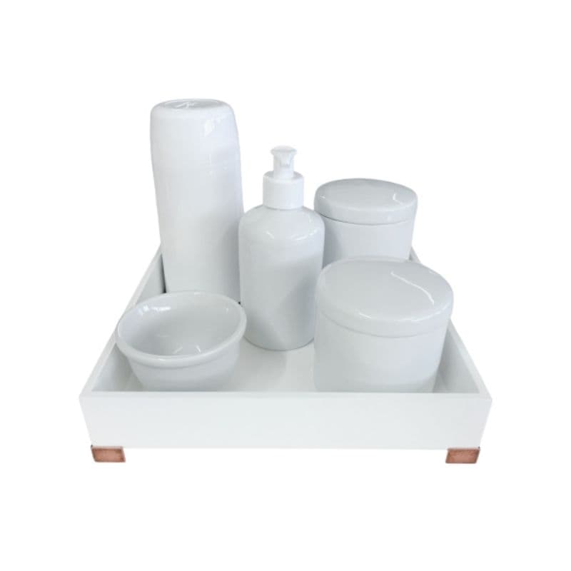 kit Higiene Para Bebê Porta Álcool Gel, Cotonete, Algodão, Molhadeira, Térmica e Bandeja Branca