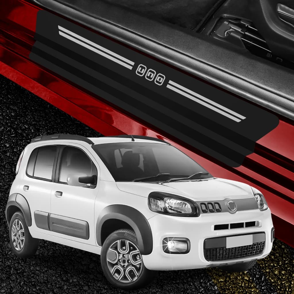 Kit 4 Peças Adesivo Soleira Porta Carro Compatível Uno 2012 A 2020 + Chaveiro Com Nome Do Carro