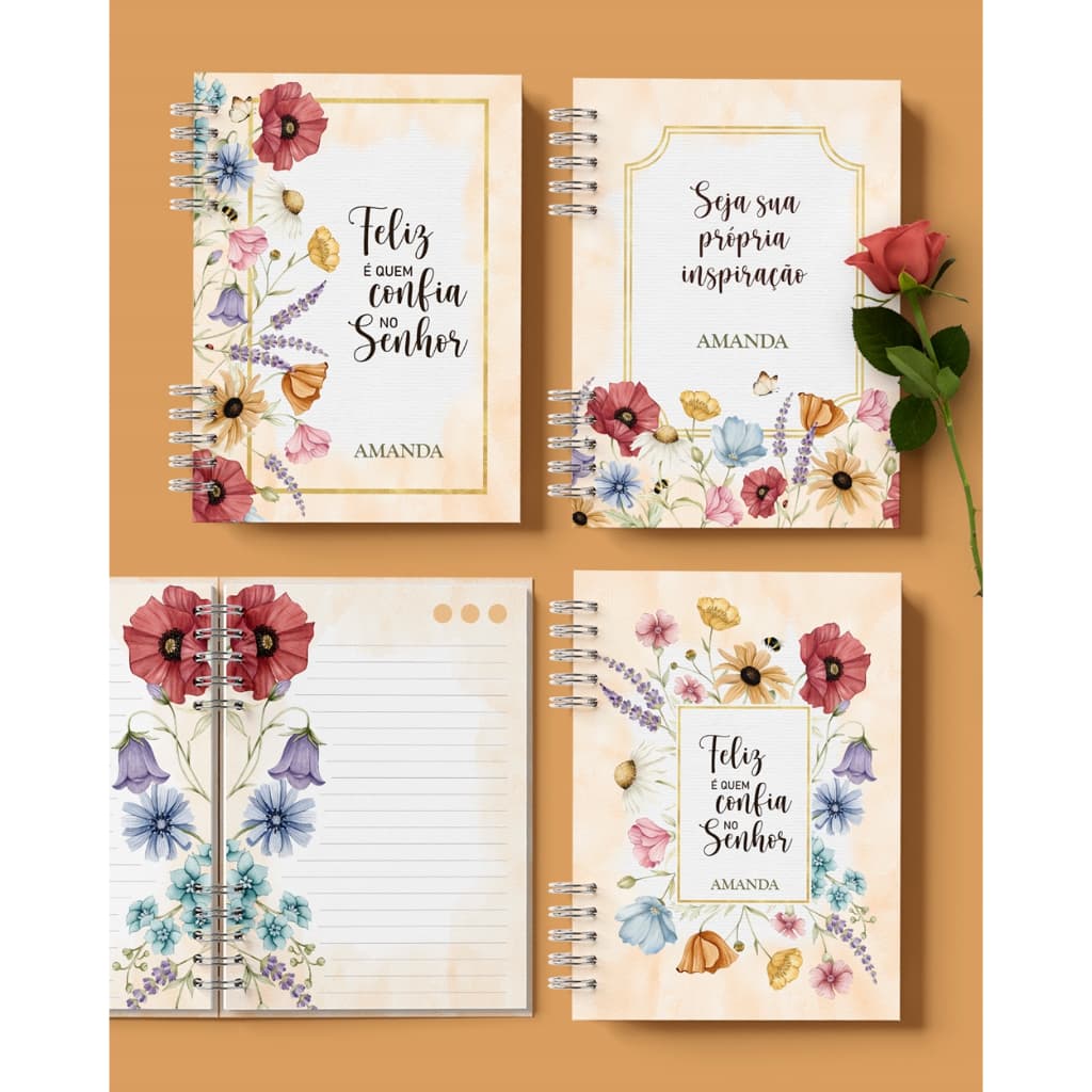 Caderno personalizado, 200 páginas, tamanho A5, folhas decoradas, BRILHANTE, modelo Flores do Campo