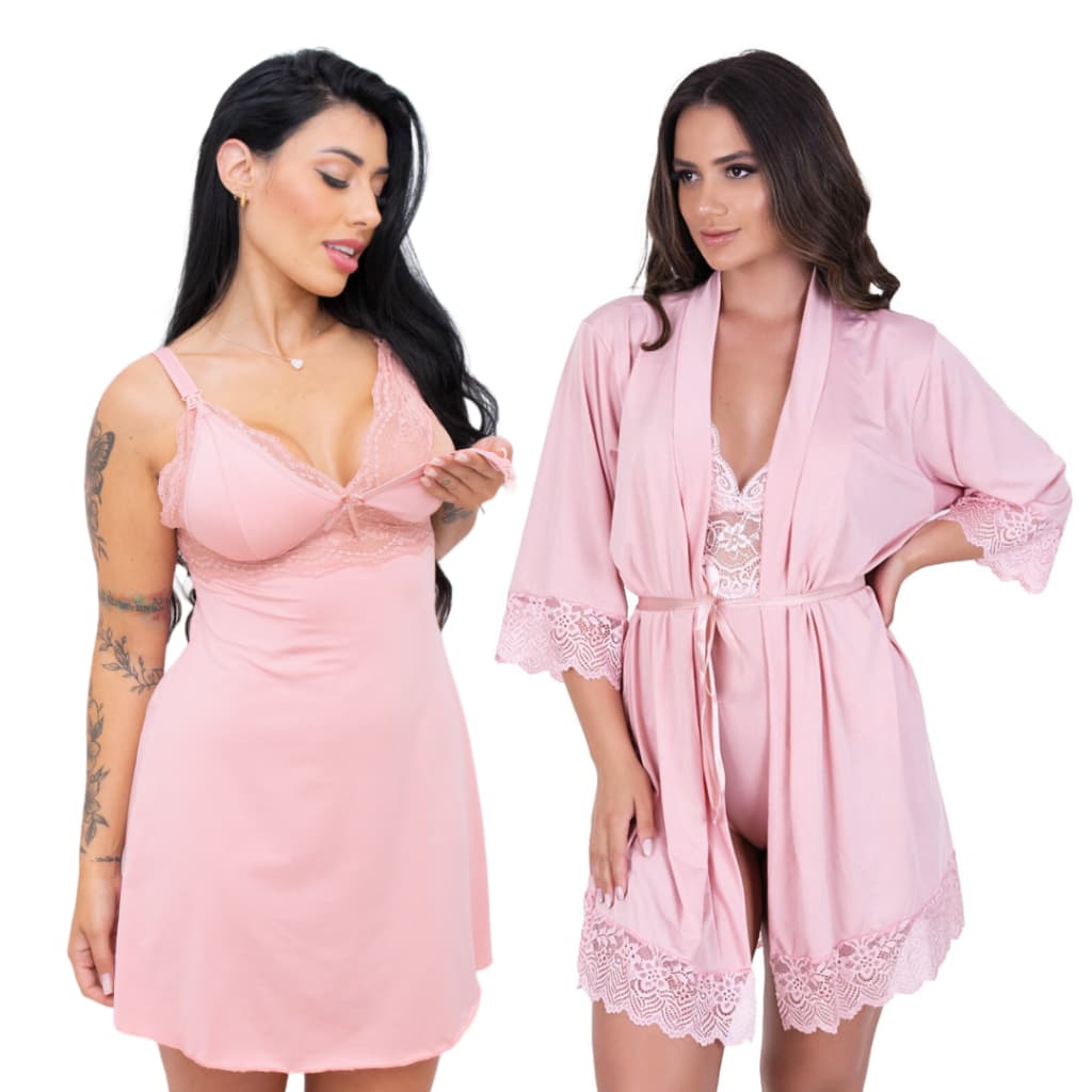 Kit de 2 Peças Camisola Pós Parto e Roupão Feminino de Amamentação Kit Pós Parto para Mãe com robe
