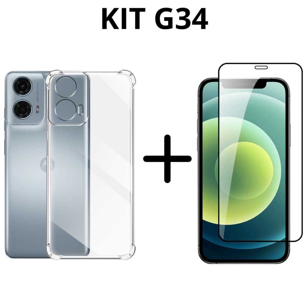 Kit Moto G34 Capa Anti Shock + Película 3D Proteção em Dobro