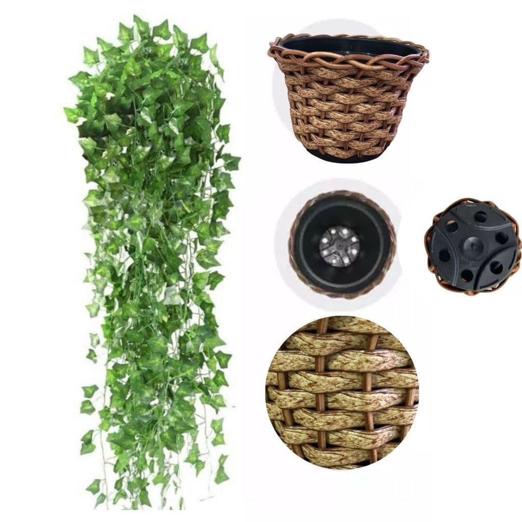 Planta Decorativa + 1 Vaso Trançado Sintético Com 4 Pendentes Artificial Folhas De Hera