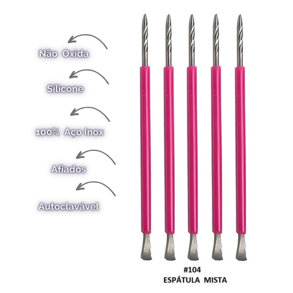 Palito e espatula p/ unha Kit 5 Espátulas Mista  Inox C/Silicone Esterilizável Manicure Podologia