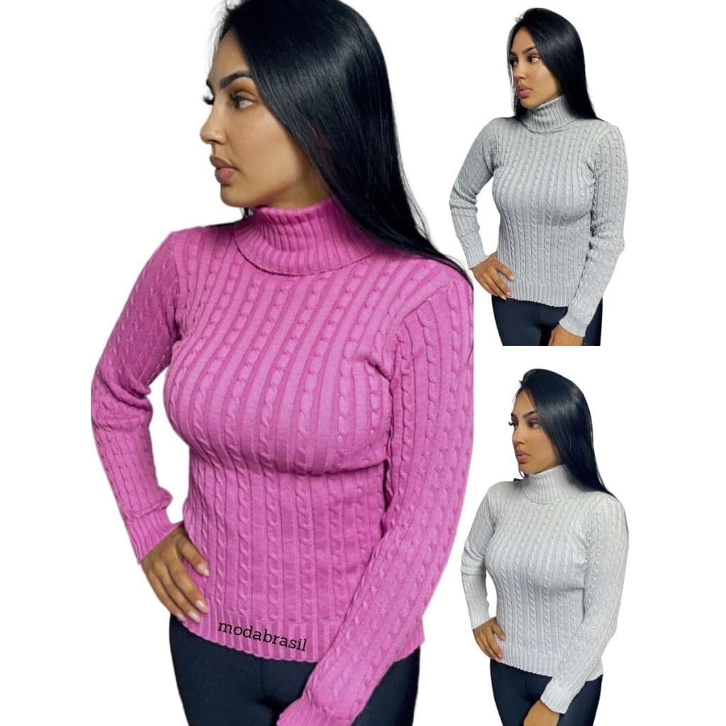 Blusa de Lã Gola Alta Trançada Feminina Quentinha Suéter Trançado