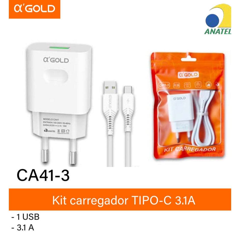 Carregador A' Gold   para Android, Iphone, Tipo C, V8, Lighting Carga rápida saco
