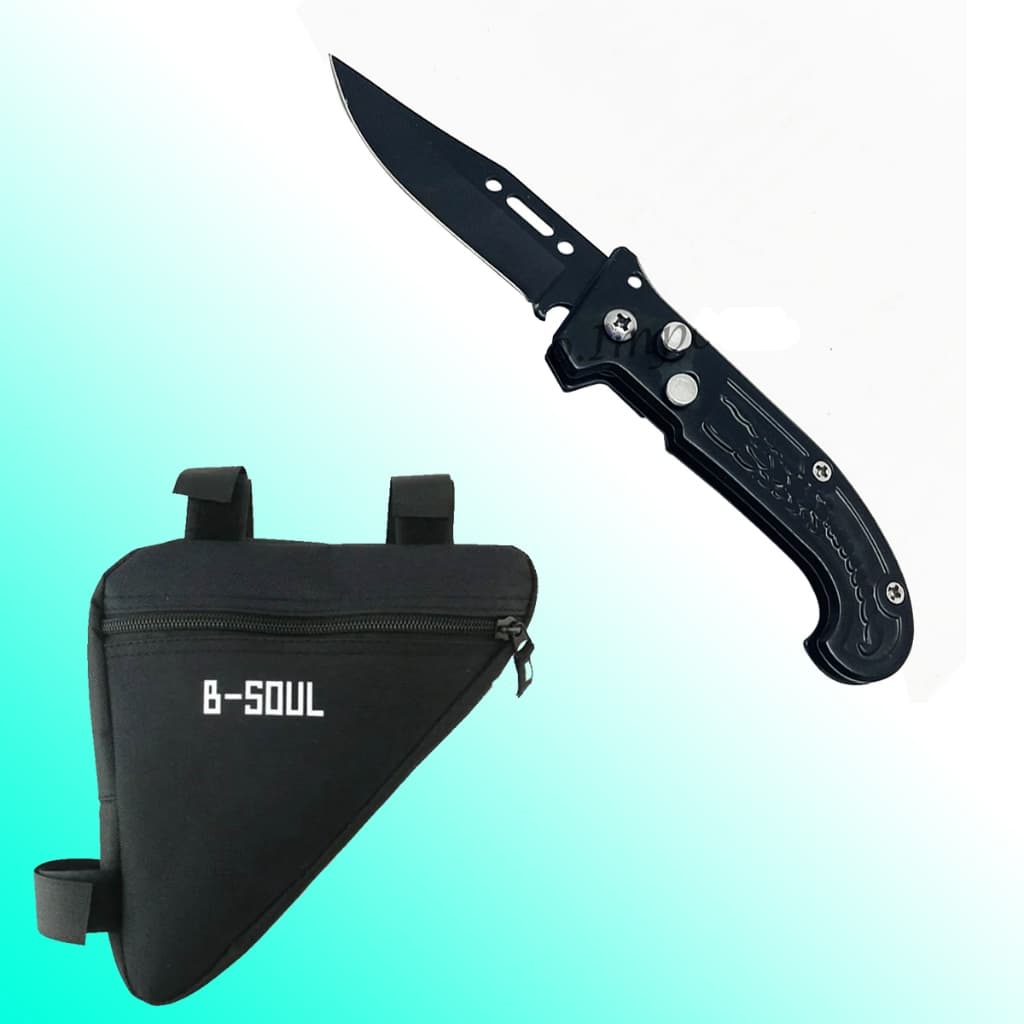 Kit Bolsa Triangular Para Quadro De Bicicleta + Faca Canivete Com Trava Ciclista Bike