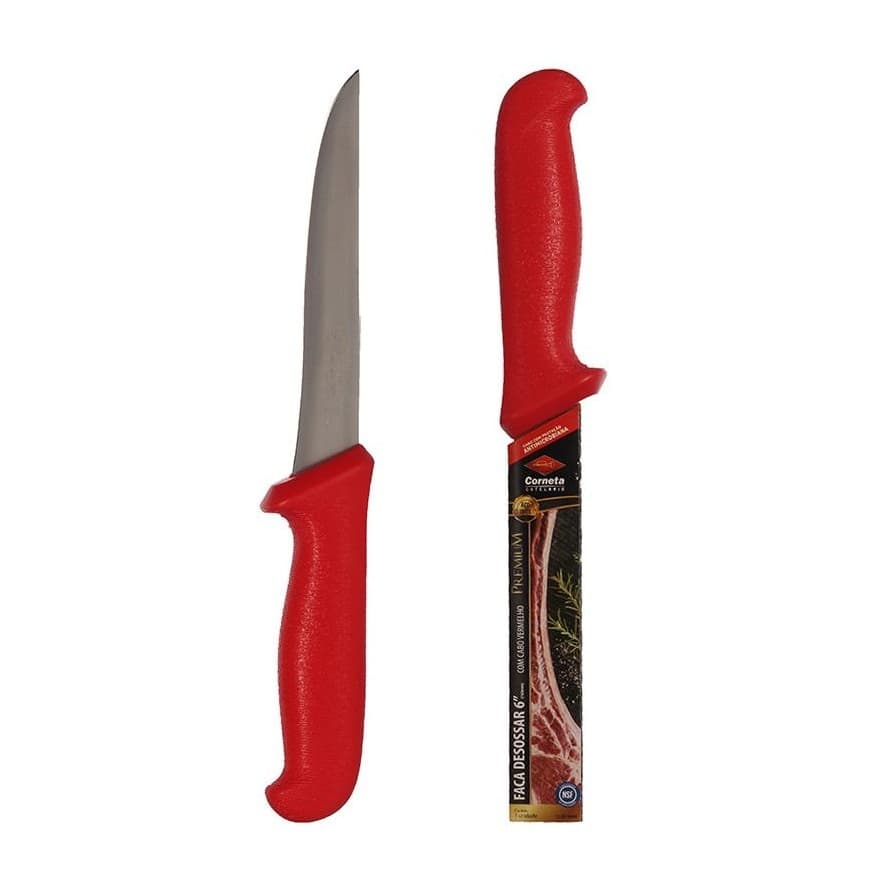 Faca Desossar Carne Cozinha Açougue 6 Polegadas Inox Cabo Vermelho Corneta Premium