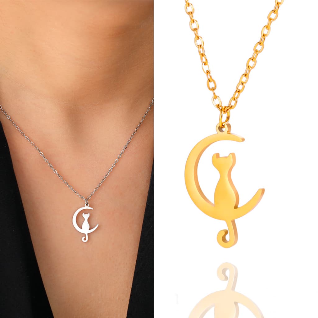 Colar Feminino Gato na lua feito de aço inoxidável - não enferruja