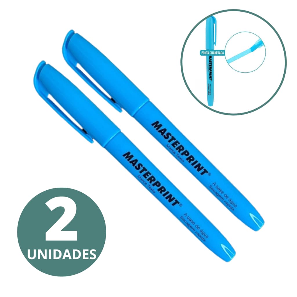 Kit Com 2 Canetas Marca Texto Azul Neon Masterprint Secagem Rápida Sem Manchas