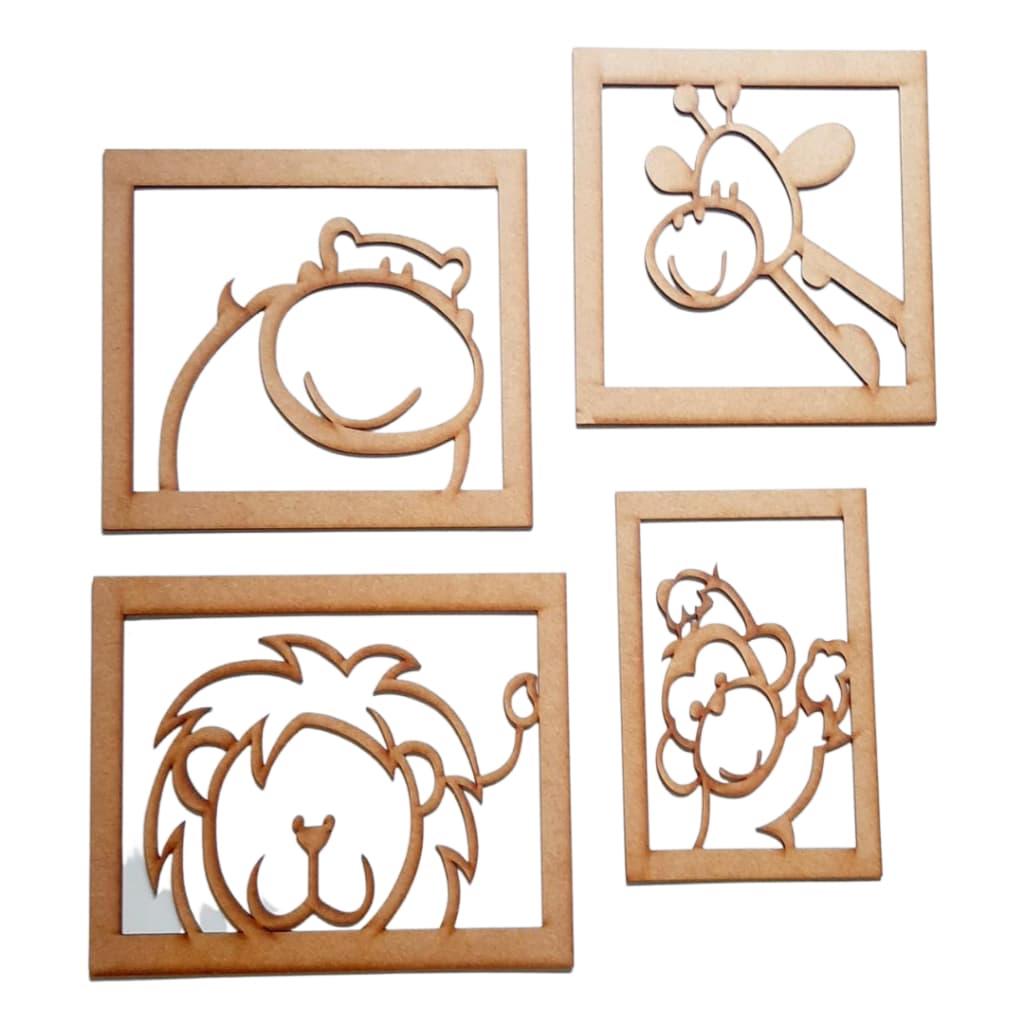 Kit Com 4 Quadros Decorativos Safari Baby Vazado Quarto Infantil Menino e Menina