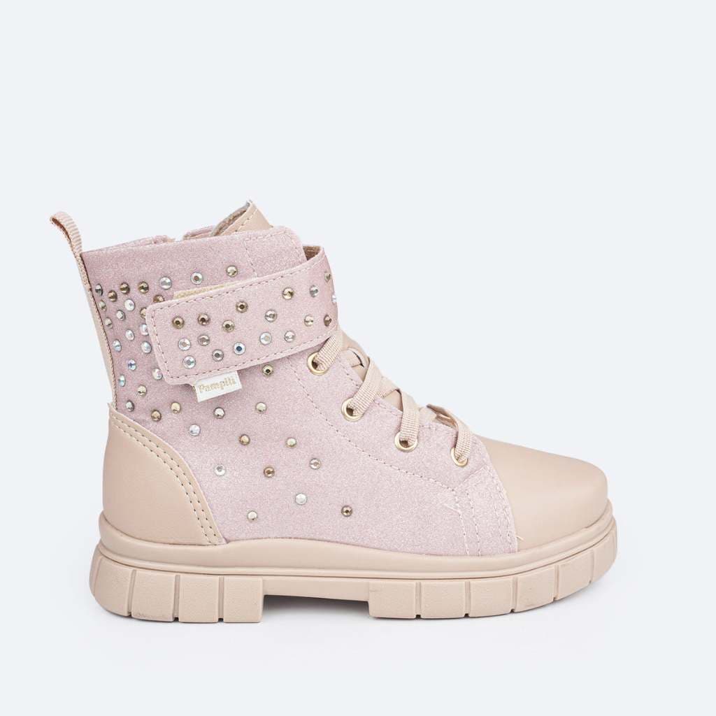 Bota Coturno Feminina Pampili Lucky Glitter Strass Bege Brilho  Mini Diva Blogueirinha Fashion