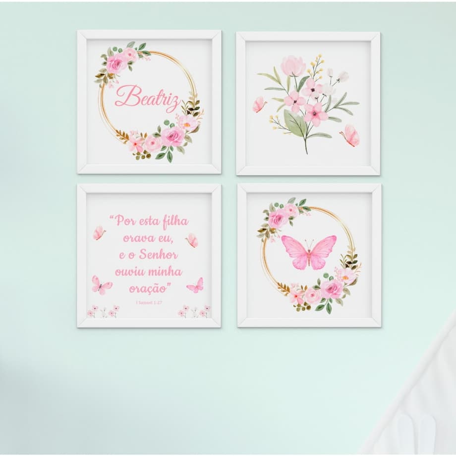Quadro Infantil Bebê Menina Flores Floral Borboleta Sala Quarto Personalizado Nome Maternidade Rosas LIndo