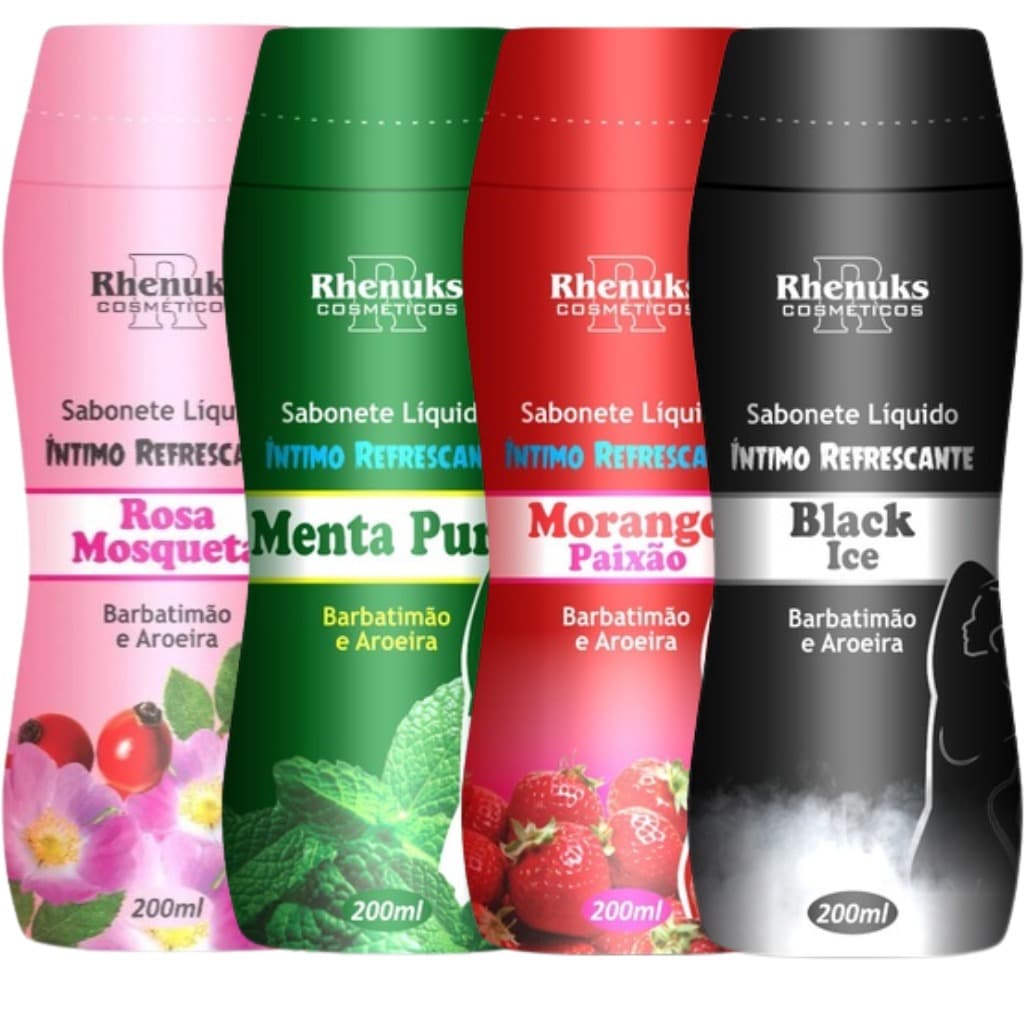 Kit 4 Sabonete Íntimo Refrescante Rosa Mosqueta/ Menta Pura/ Morango Paixão/ Black Ice 200ml Cada