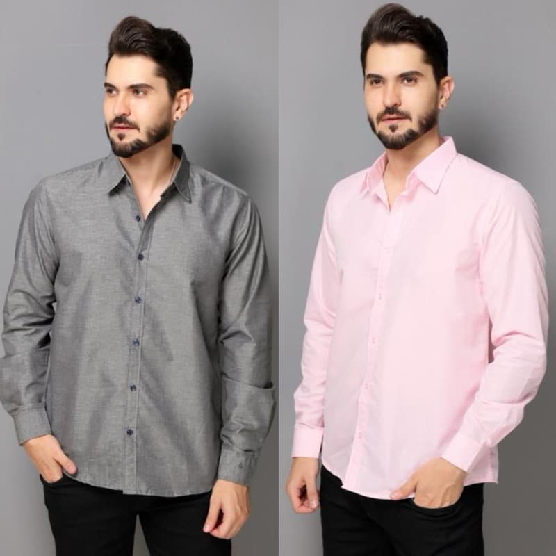 Kit 2 Camisa Social Masculina Cor Sólida Manga Longa Casual Slim Fit