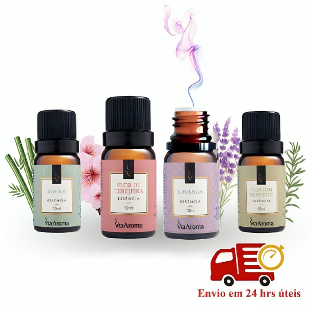 Kit com 4 essências Via Aroma Pra Aromatizador Elétrico Alecrim -Bamboo -Flor de Cerejeira e Lavanda