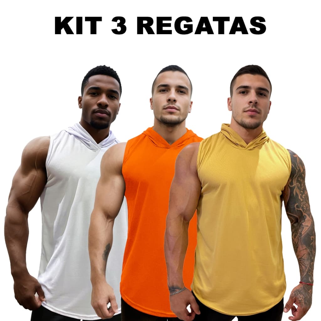 Kit com 3 Regatas Branco + Laranja + Cores Masculina Longline em Dry com Capuz Lisa - Bombey