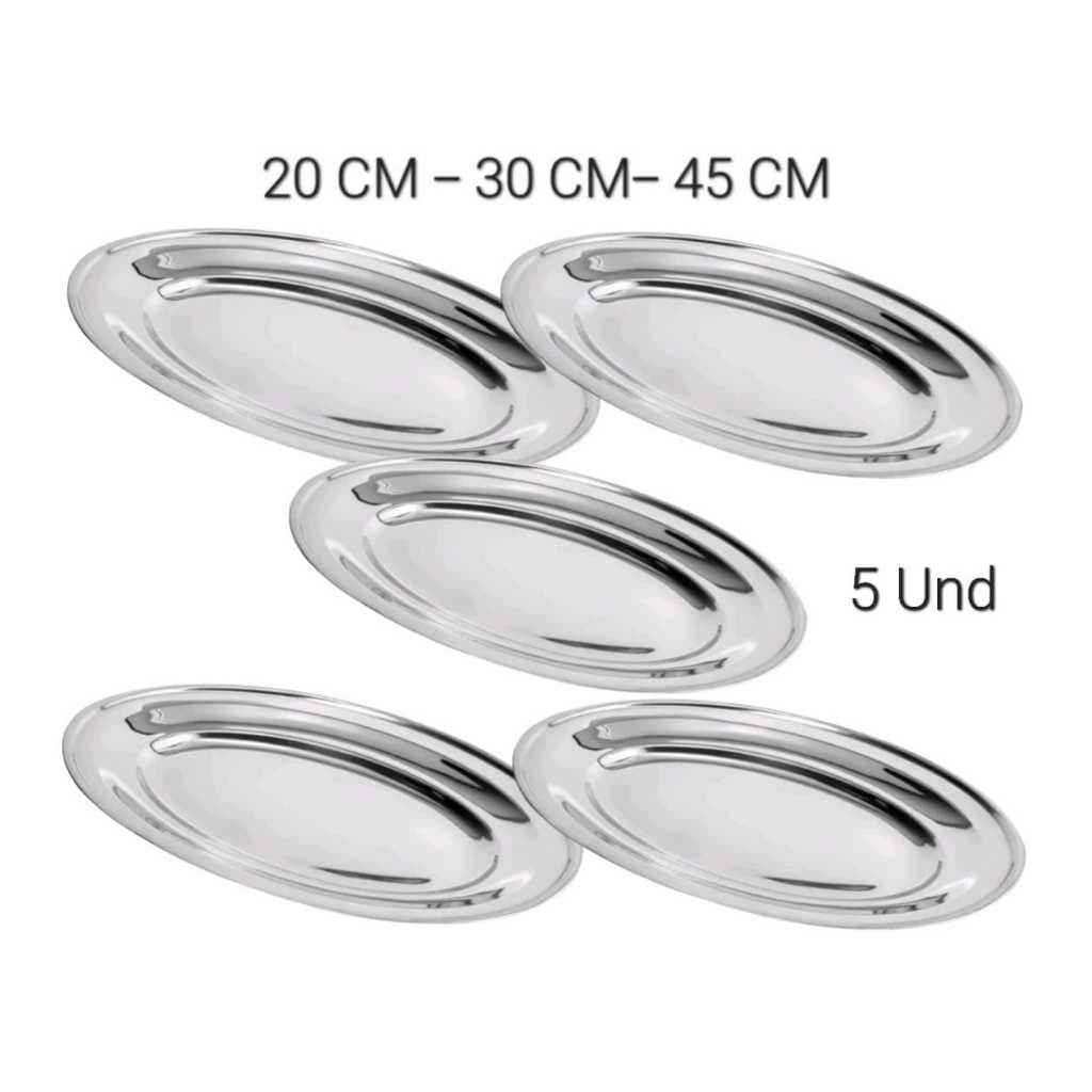 Kit 5 Bandeja Travessa Aço Oval Inox 20 - 30 ou 45cm Peixe Porção Batata Frita Restaurante Servir