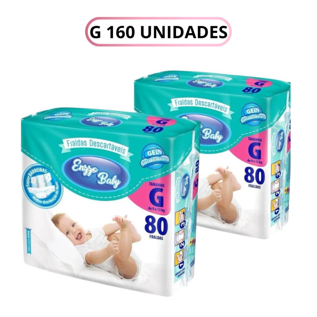 Kit 2 Pacotes Fralda Infantil Enzzo Baby G 9-13kg 80un cada - Total 160un