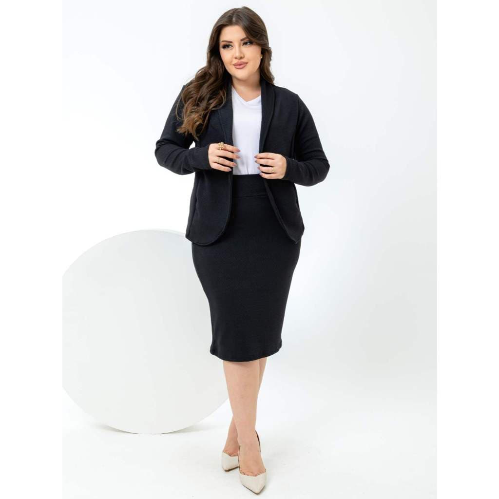 Conjunto Social Feminino Blazer e Saia Tubinho Preto Liso