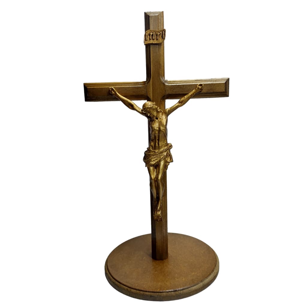 Crucifixo Dourado Pintura estilo Metalizada Base Madeira Cristo Resina
