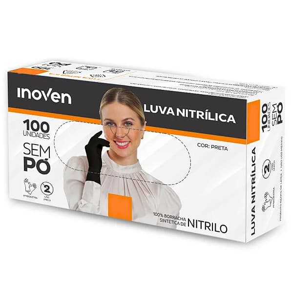 Luva Nitrílica Preta Caixa S/Pó 100 Un Inoven