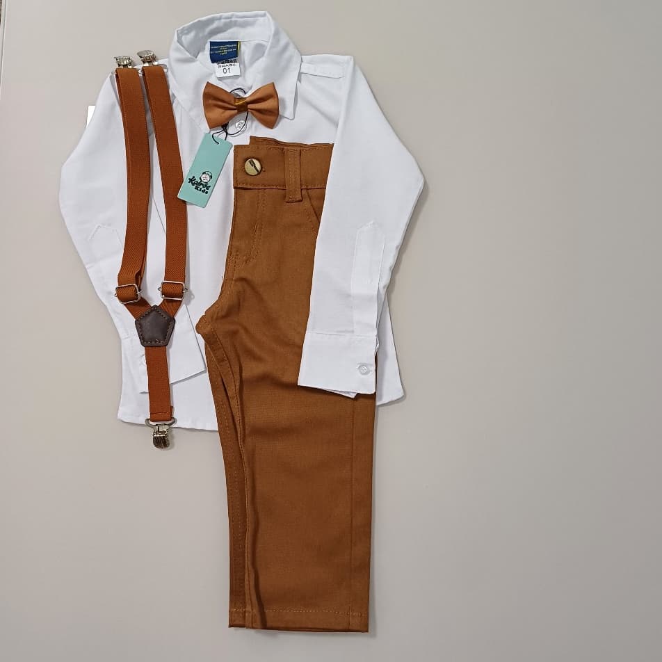 Conjunto Luxo Calça Caramelo e Camisa Longa Branca Suspensório e Gravata Caramelo Traje Para Casamento , Formaturas