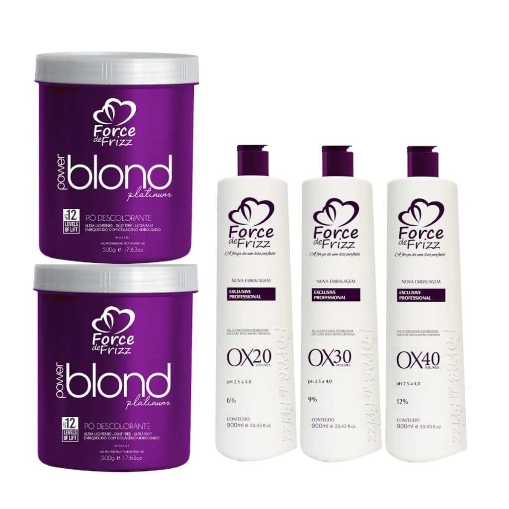 Force Cosméticos Kit Profissional de Descoloração com Pó Descolorante e Emulsões Oxidantes OX 20 30 40 900ml