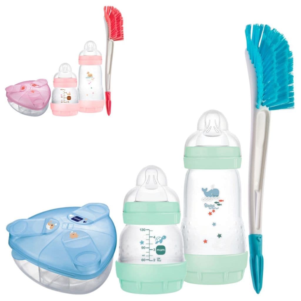 Kit 2 Mamadeiras Mam Easy Start Anticólica 130ml 260ml + Pote Dosador Medidor Porta Leite em Pó Mam + Escova para Mamadeira com Limpador de Bico Buba