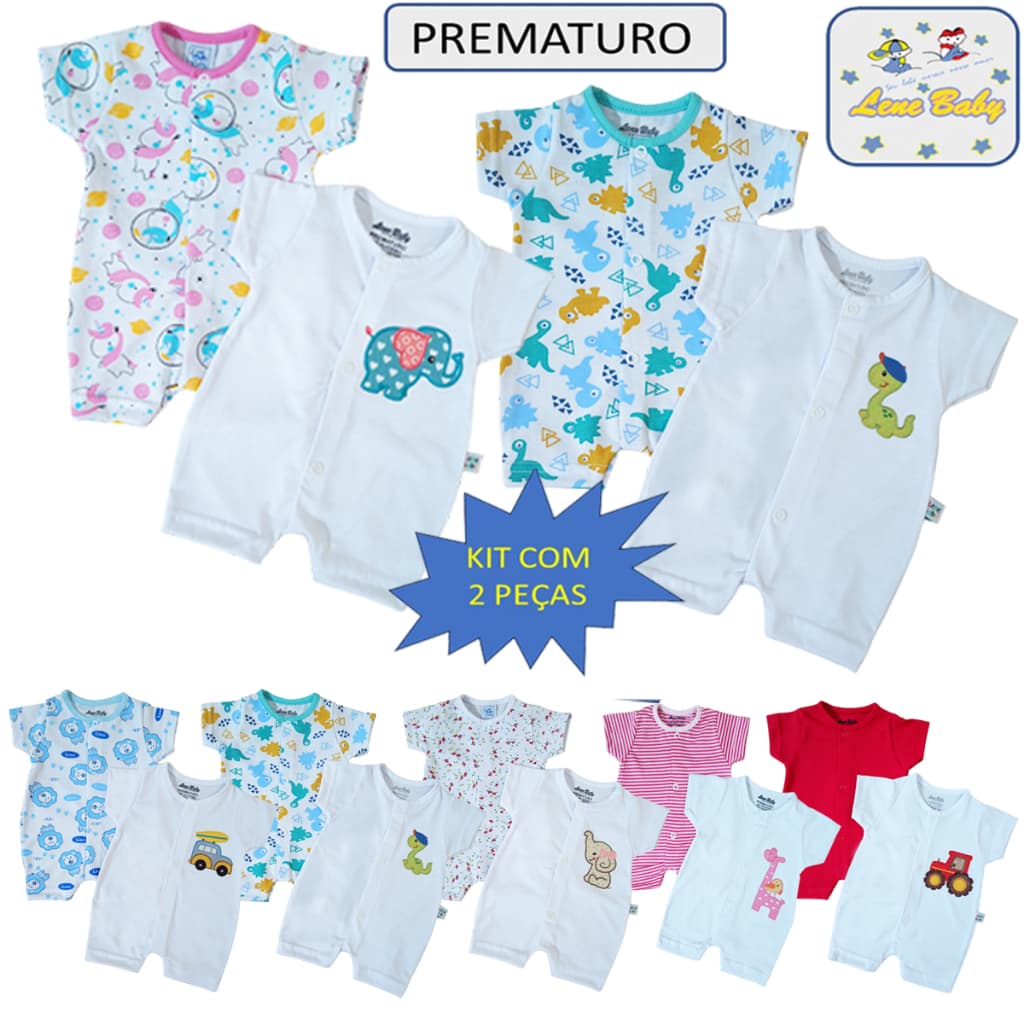 Kit 2 Macacões Bebê PREMATURO e Boneca Reborn Manga Curta  Algodão Penteado LENE BABY