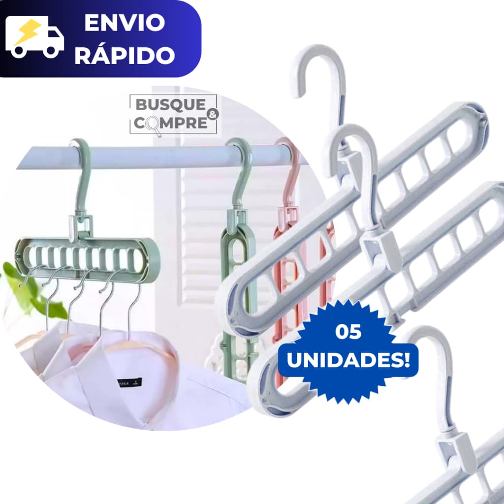 Kit com 5 Cabide Organizador para 9 Cabides de Plástico Suporte para Roupas Pendurar Organizar Roupa