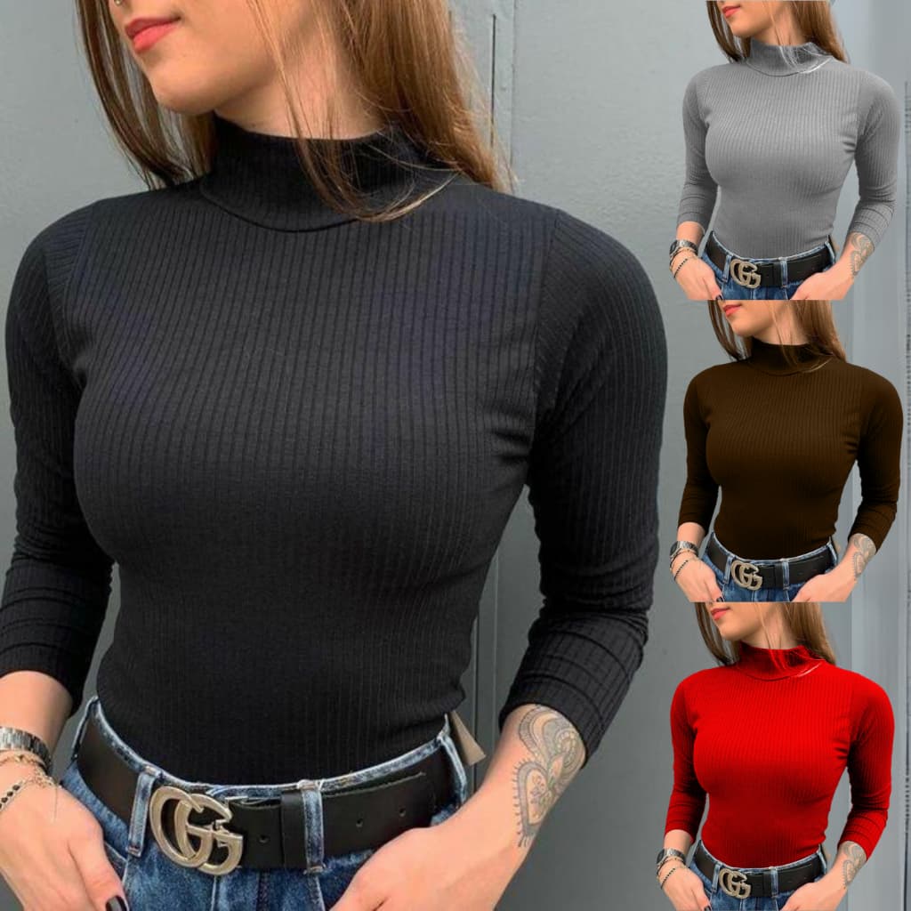 Blusa Manga Longa Blusa Gola Alta Cacharrel Feminino Blusa de Frio Feminina Segunda Pele Canelada