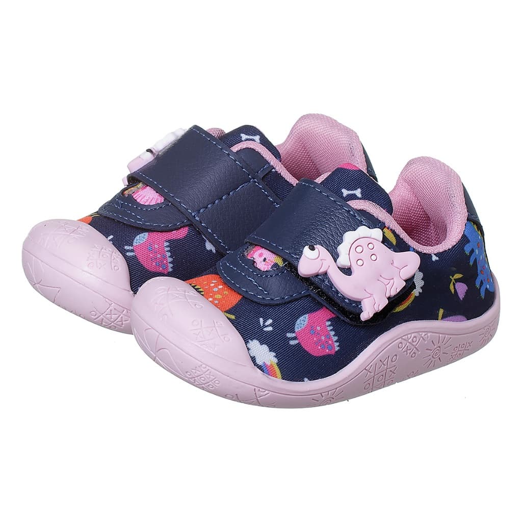 Tênis Meia Bebê Menina Sola Antiderrapante Dinossauro Marinho com Rosa Kidstep
