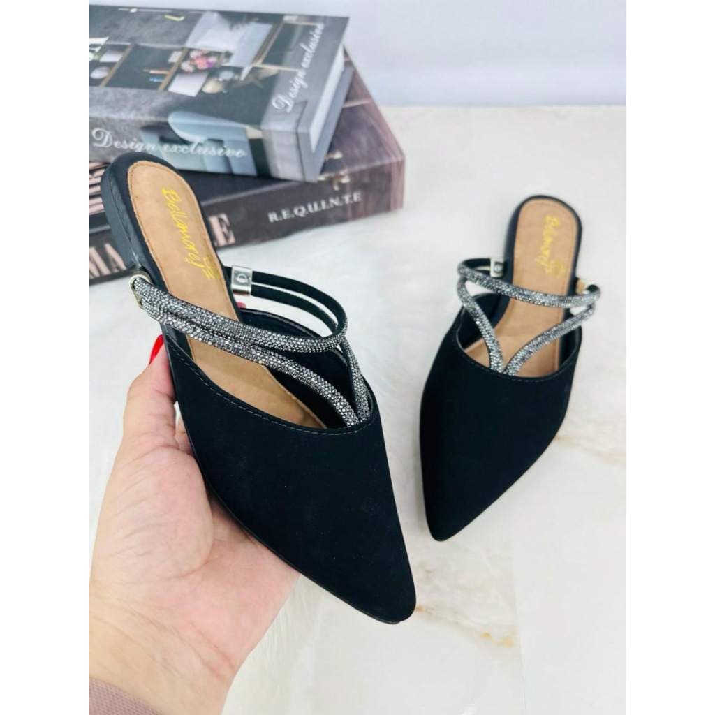 Sapato Feminino Mule Com Duas Opções Uso Fácil de Calcar Palmilha Confortável Bico Fino Com Strass