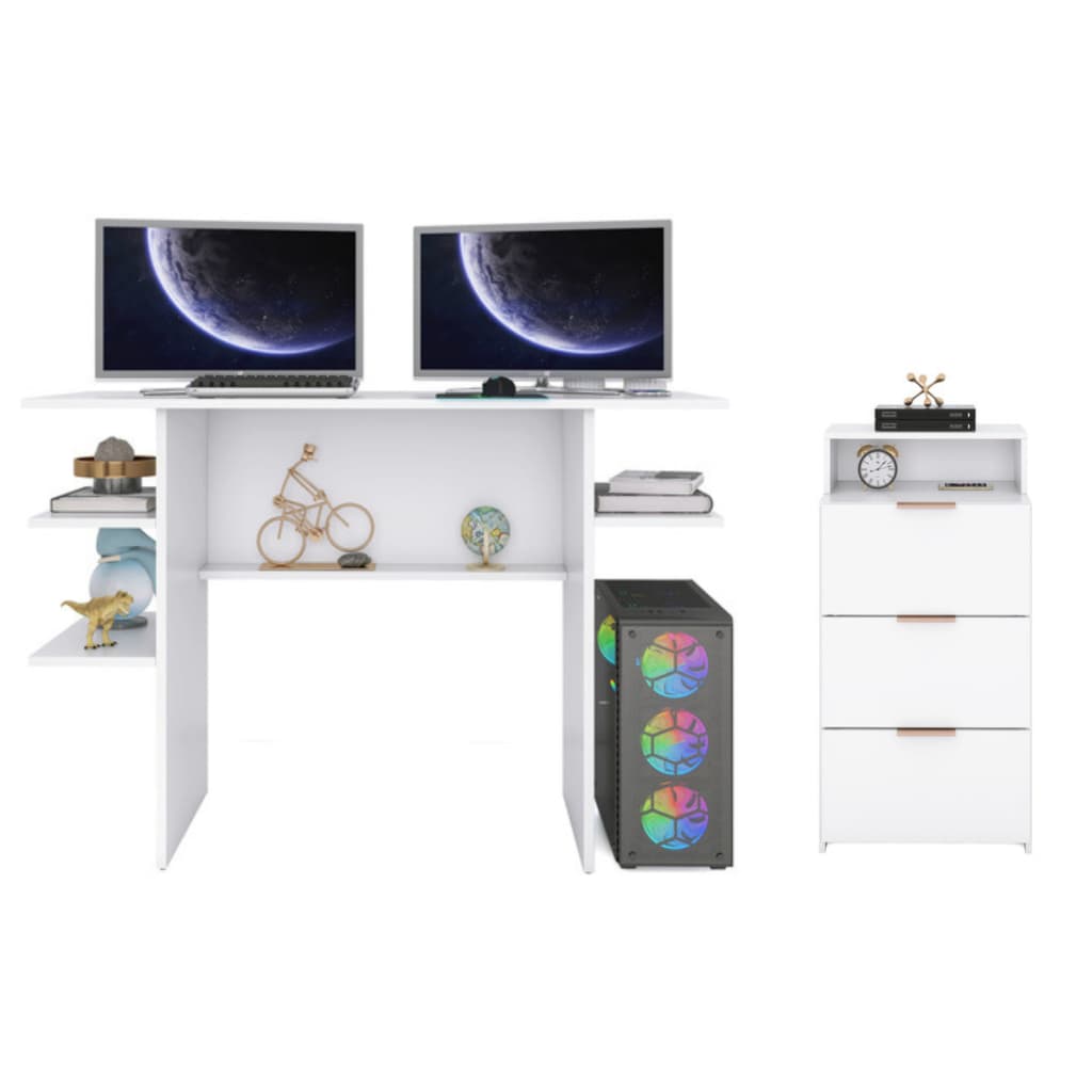 Kit Mesa Gamer Com Gaveteiro Branco 60cm