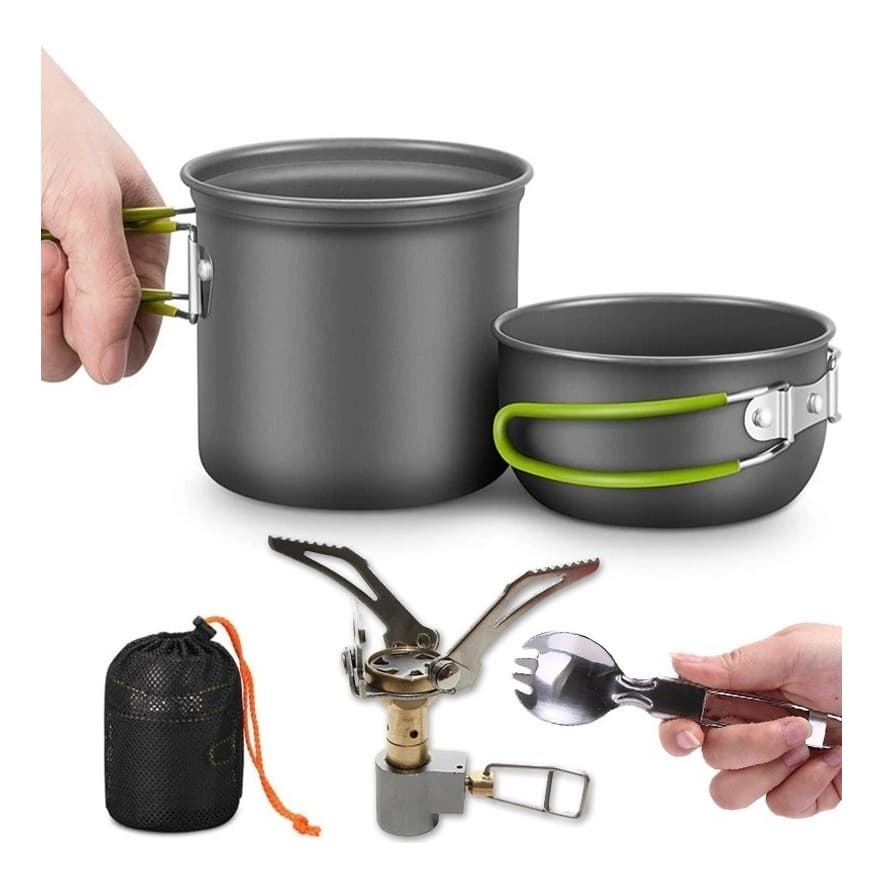Kit cozinha camping pesca trekking travessia mini fogareiro talher articulável panela para camping