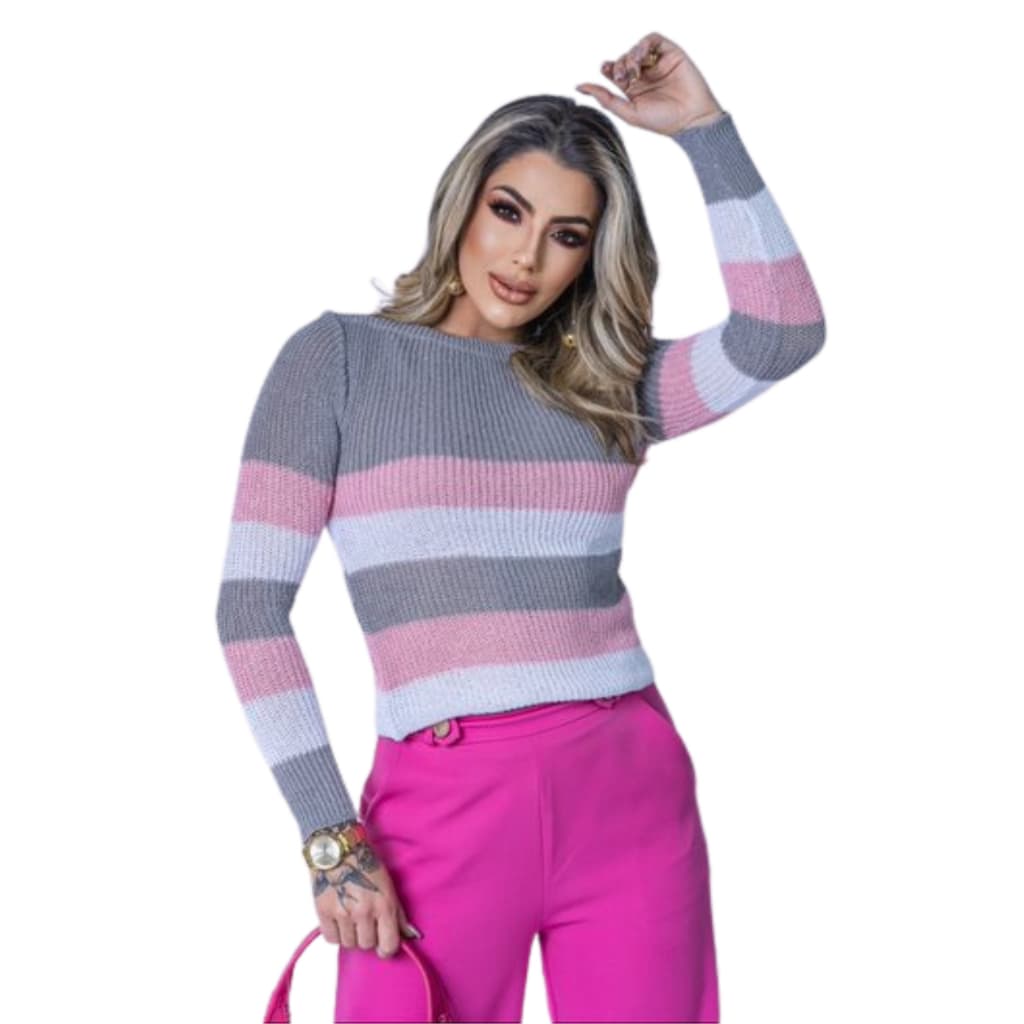 Blusa Feminina Tendência Suéter de Tricot Gola Redonda Manga Longa Inverno Tricô