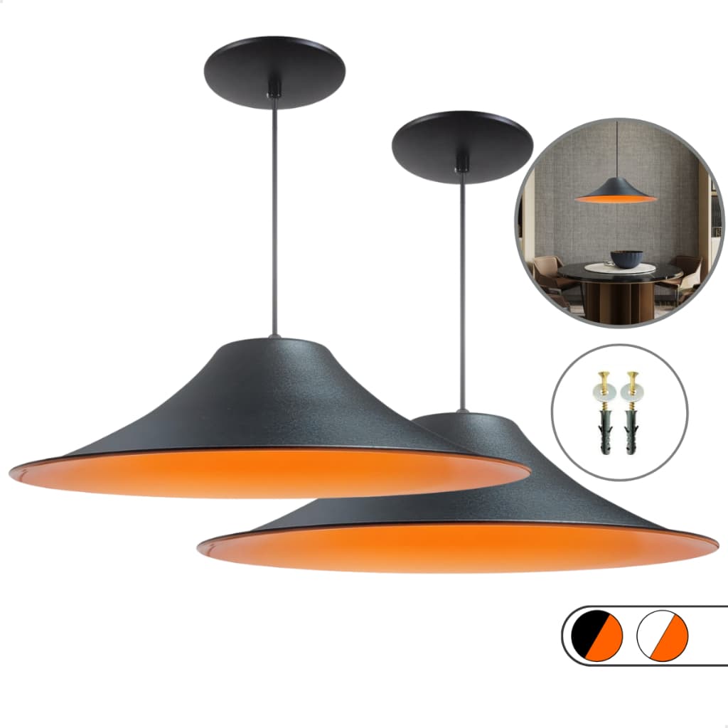 Luminária Lustre Pendente Chapéu Chinês De Teto Em Alumínio Preta e Laranja Balcão Cozinha Bivolt