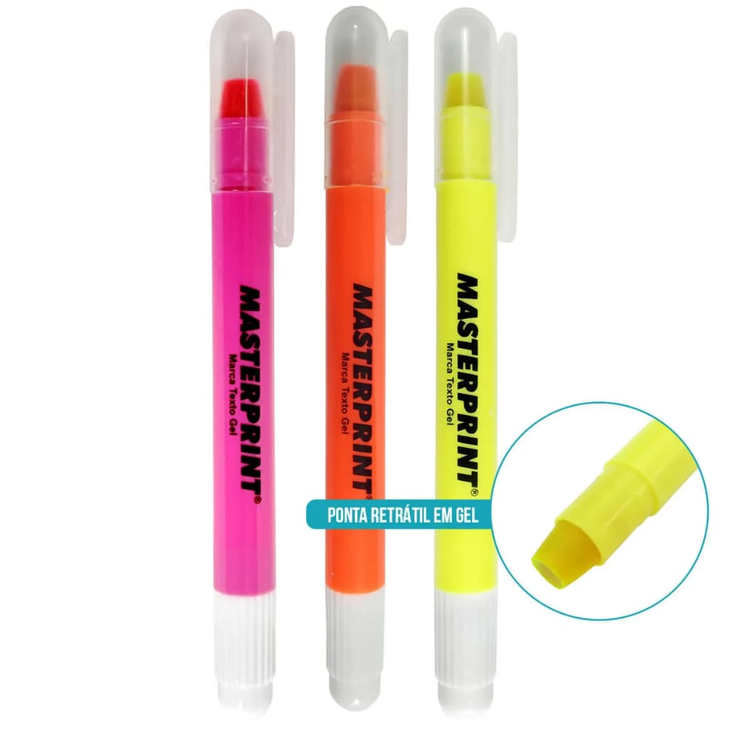 Kit 3 Cores Caneta Marca Texto em Gel Neon Ponta Retrátil MP-613 Masterprint