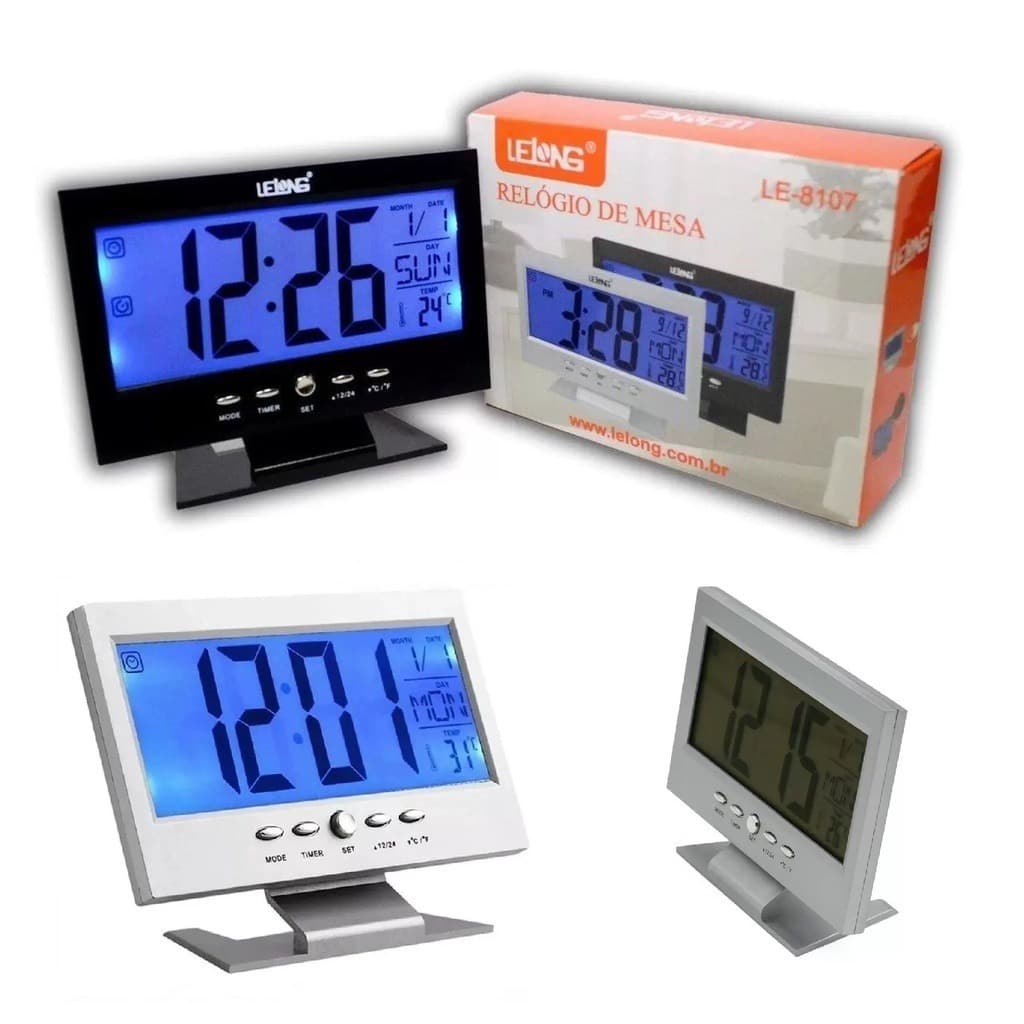 Relógio De Mesa Digital Data Hora Temperatura Led Azul Voice Control 14cm LE-8107