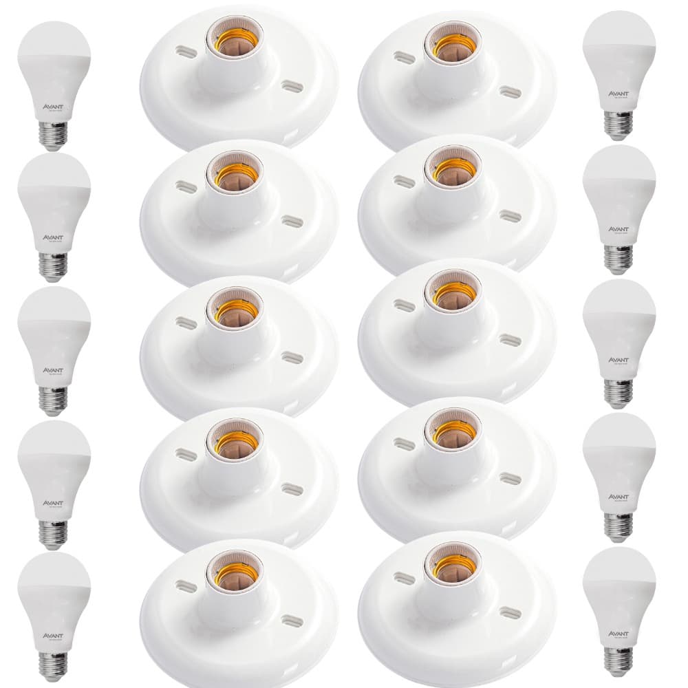Kit 10 Plafon Plafonier Branco Bocal E27 + 10 Lâmpada Led 9w Branco Frio