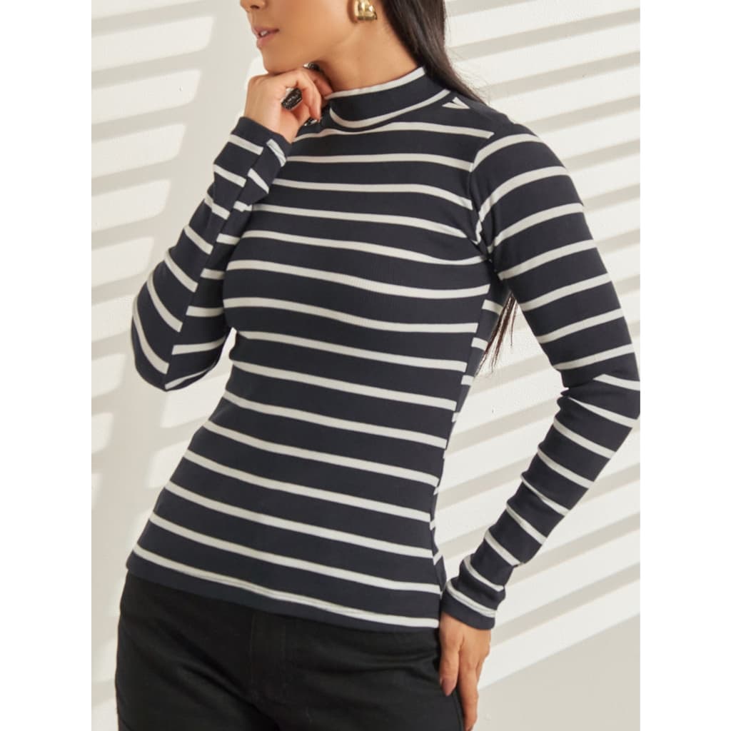 Blusa Listrada Manga longa Basica Simples Algodão Ribana Feminina Canelado Gola Alta