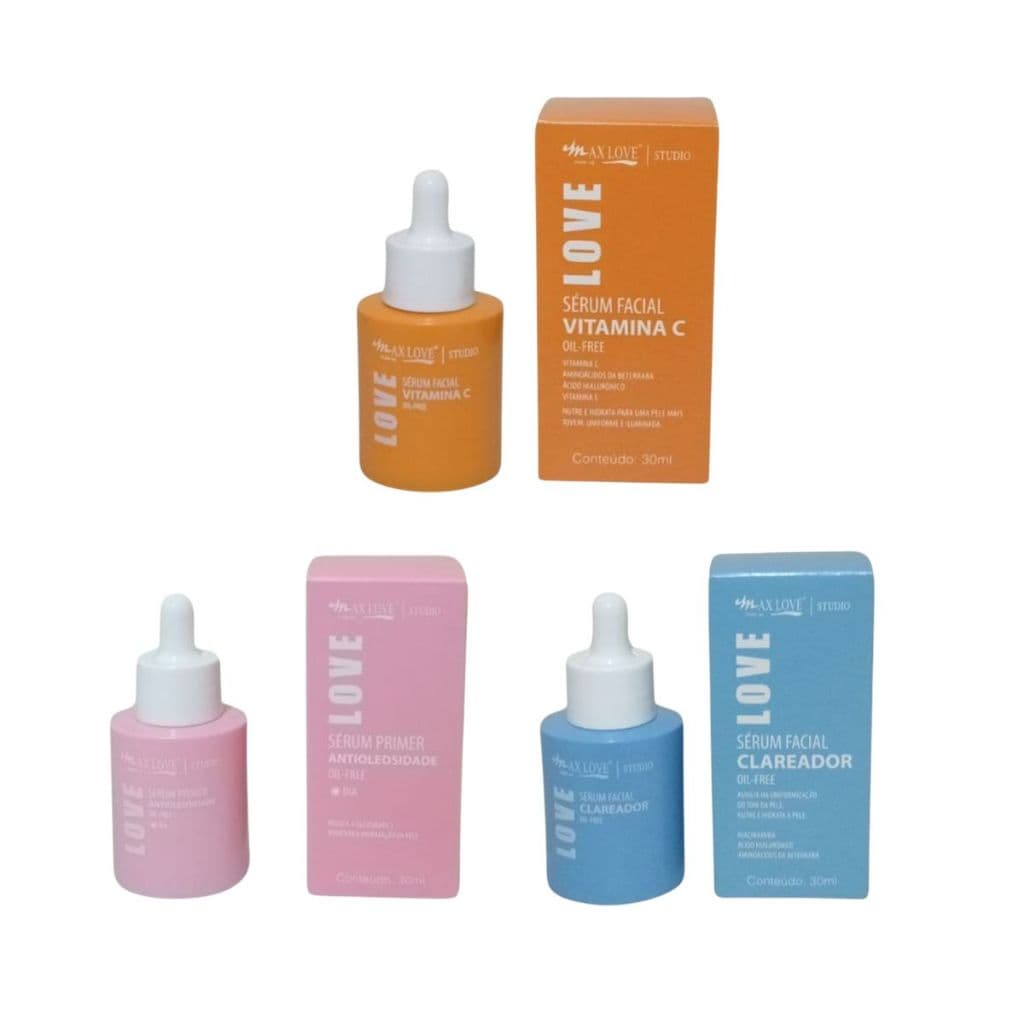 Kit C/3 Sérum Facial Primer Antioleosidade Clareador e Vitamina C