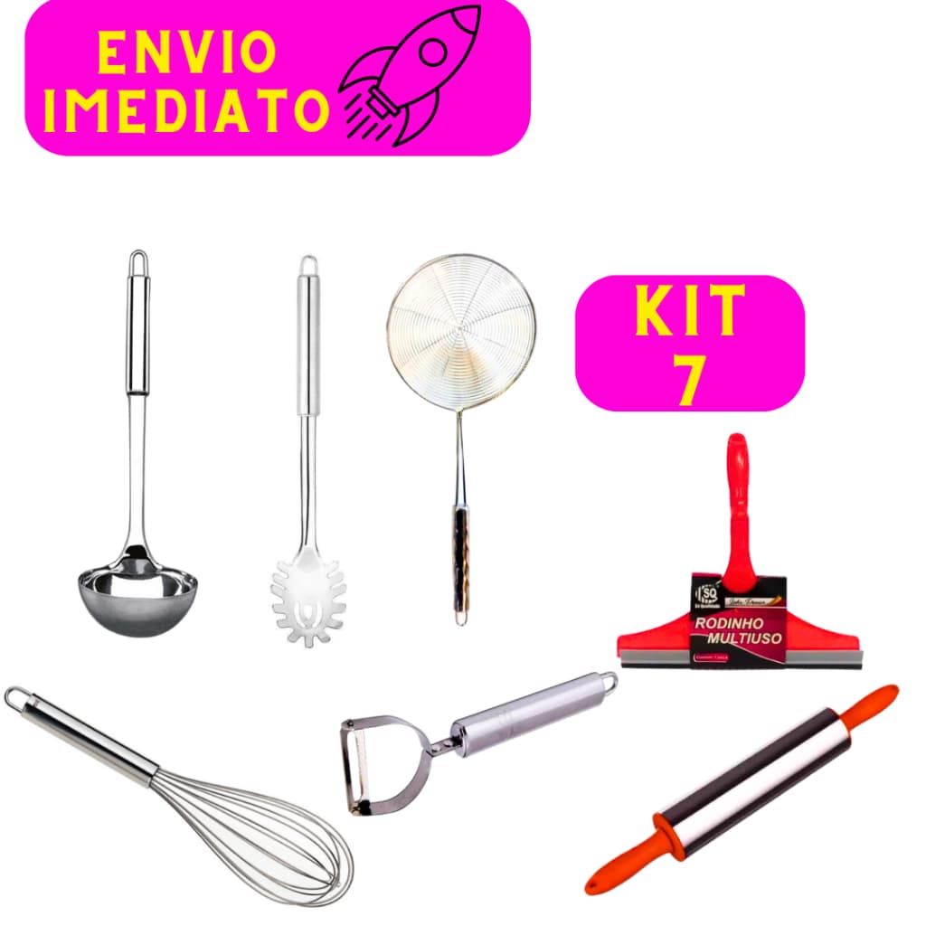 Kit 7 Utensílios 100% Inox Para Cozinha Concha Pegador de Massas Colher Escumadeira Rodo Rolo Fuê