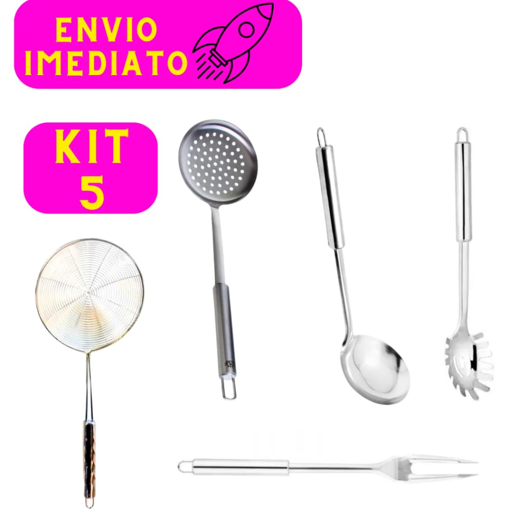Kit Utensílios de Cozinha 5 Peças 100% Aço Inox Escumadeira Colher de Arroz Garfo Trinchante