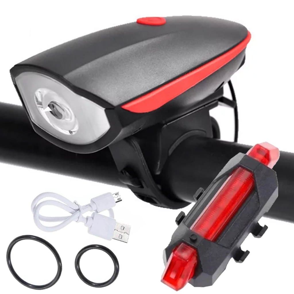 Lanterna Farol Com Buzina Bike Prova D'água Usb Led + Sinalizador Pisca Traseiro Bike Ciclista Mtb