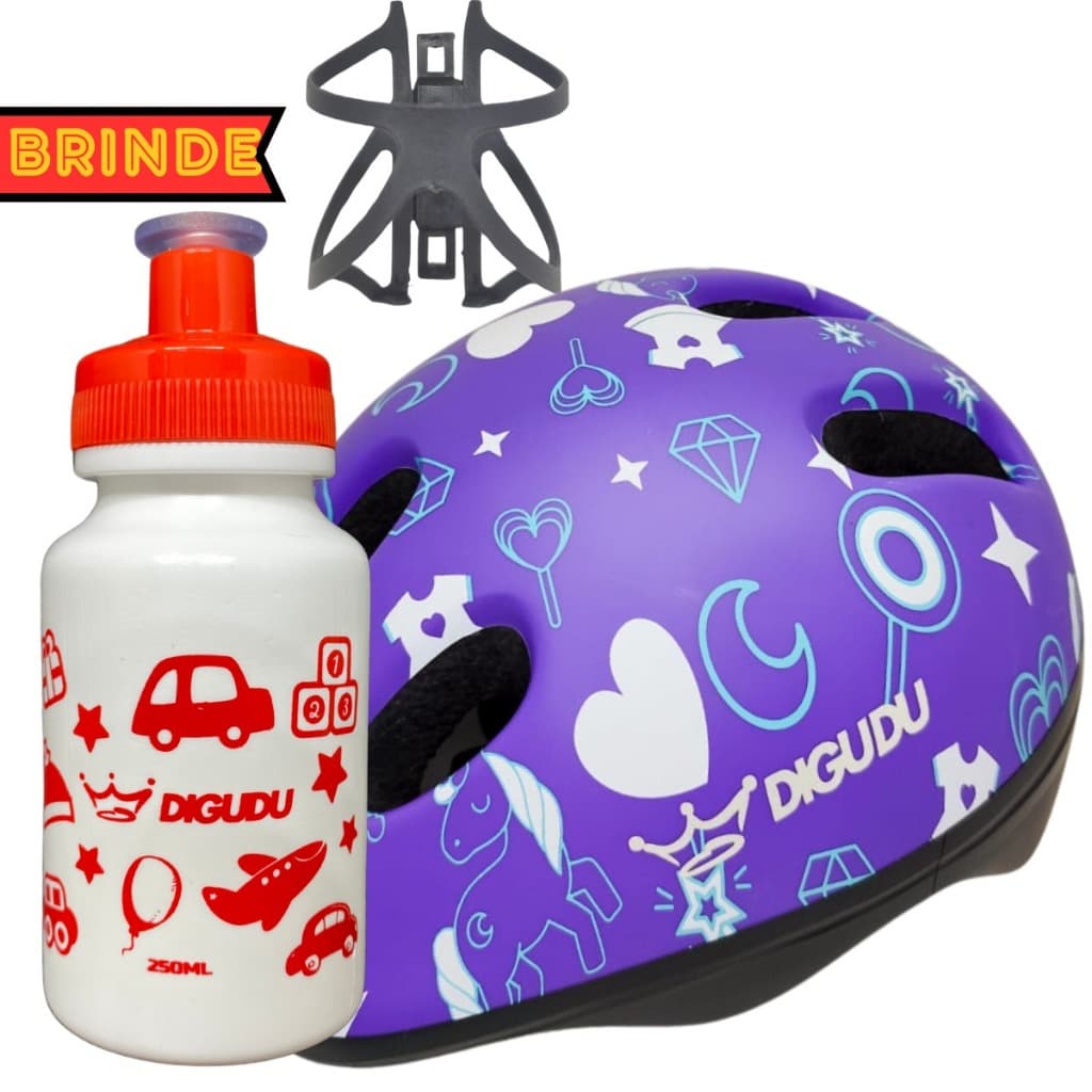 Kit Capacete Infantil Roxo Suporte e Garrafa Garrafinha Agua Bicicleta Bike Ciclismo Criança