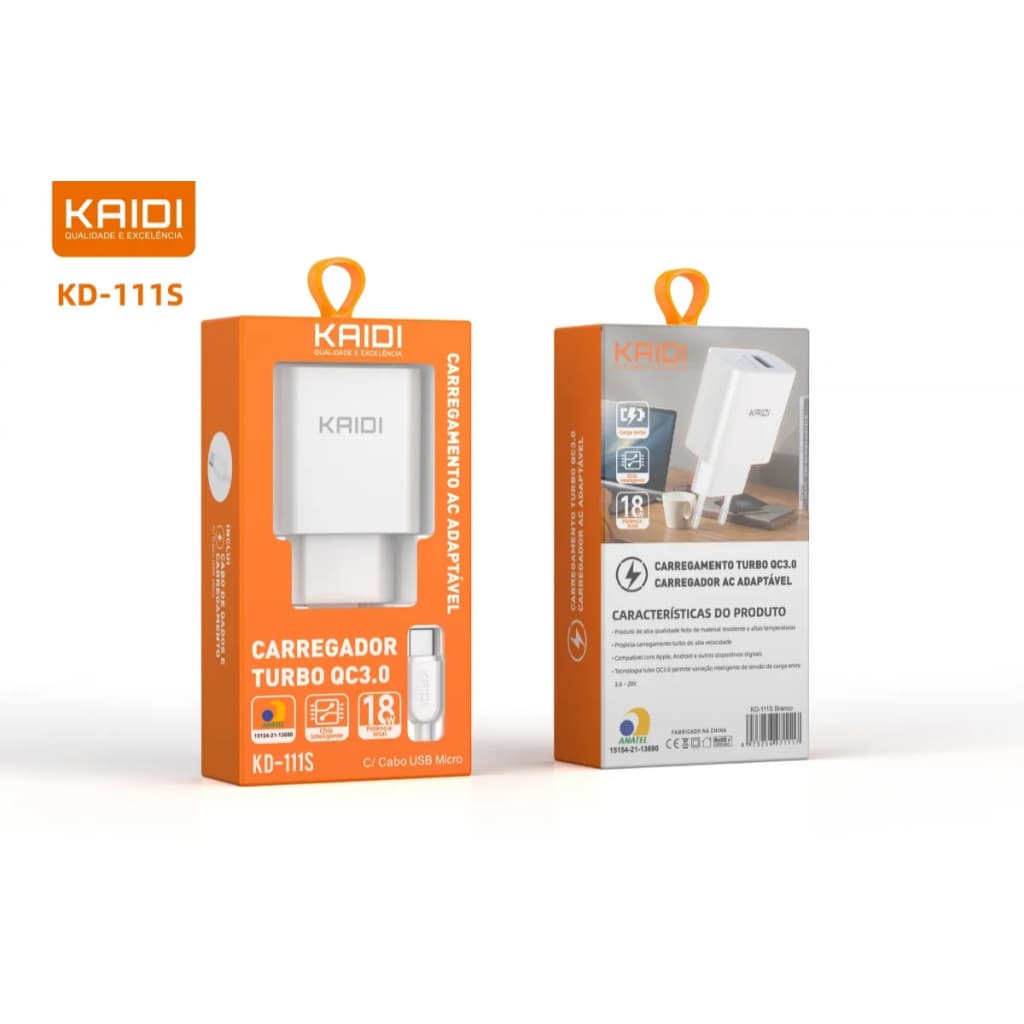 Carregador Turbo Qc 3.0 Kaidi - Fonte+ Cabo Tipo C Kd-111c Carregamento a/c Adaptável